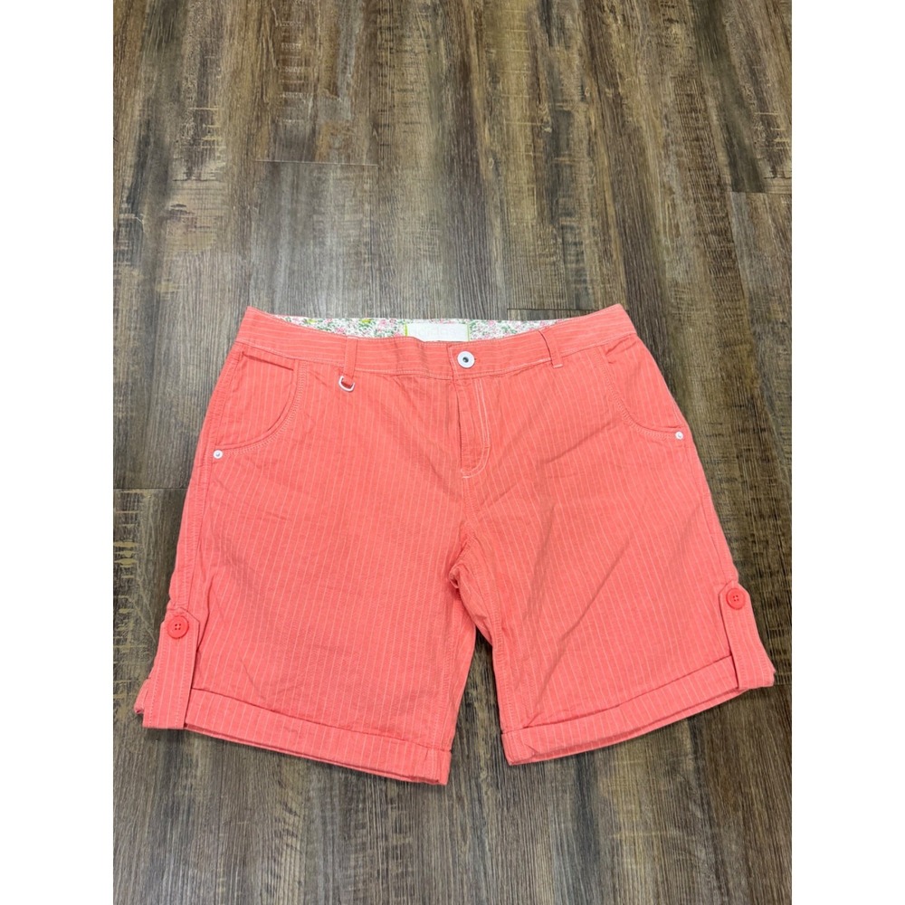 Adidas Bermuda Shorts Womens Size L Coral Striped Mid Rise Cotton Blend